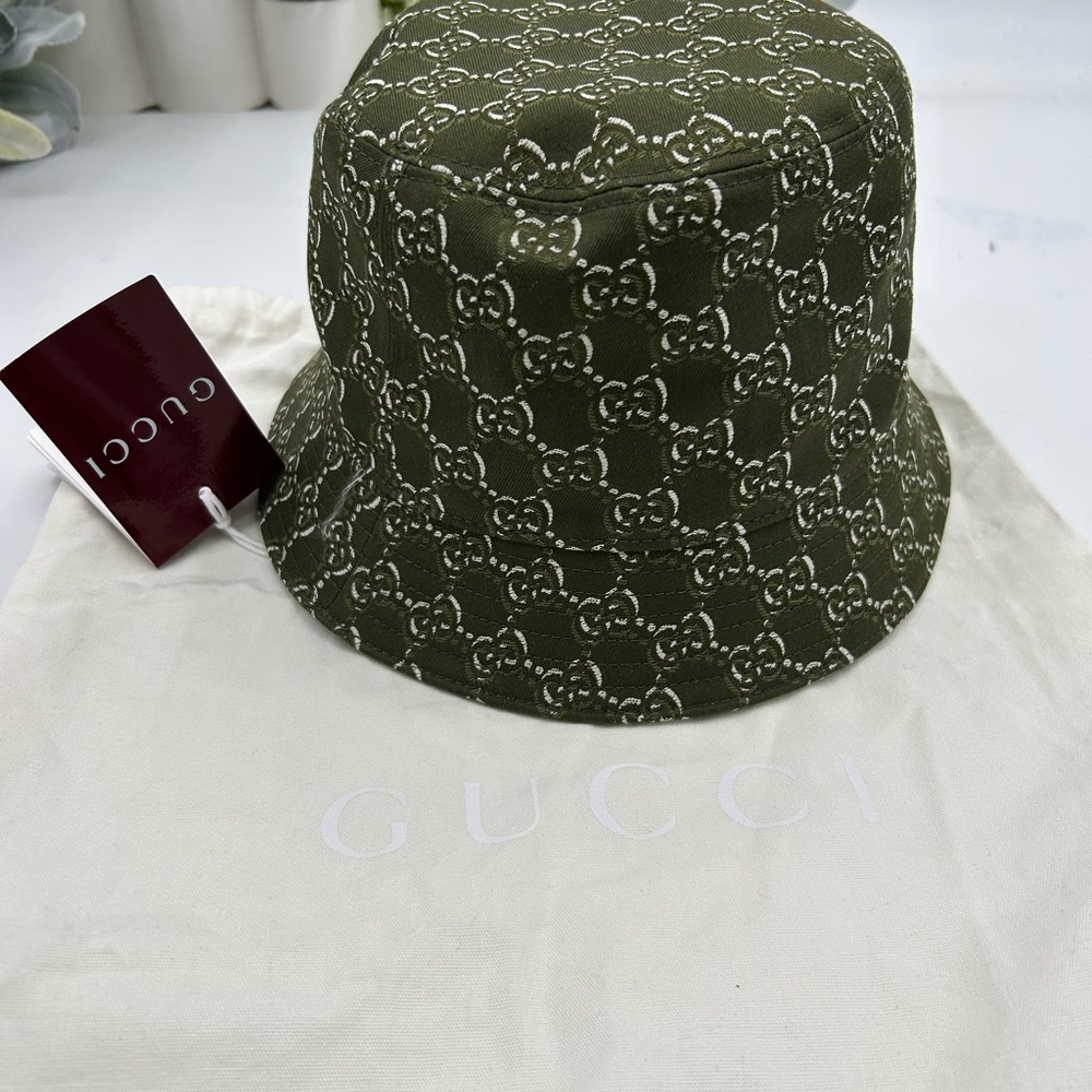 Men's Gucci GG shadow JACQUARD bucket hat in Olive, green cotton size large - Picture 3 of 7